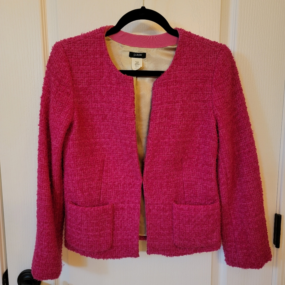 💖 J. CREW Hot Pink Tweed  Blazer, Chanel Style, Size 2